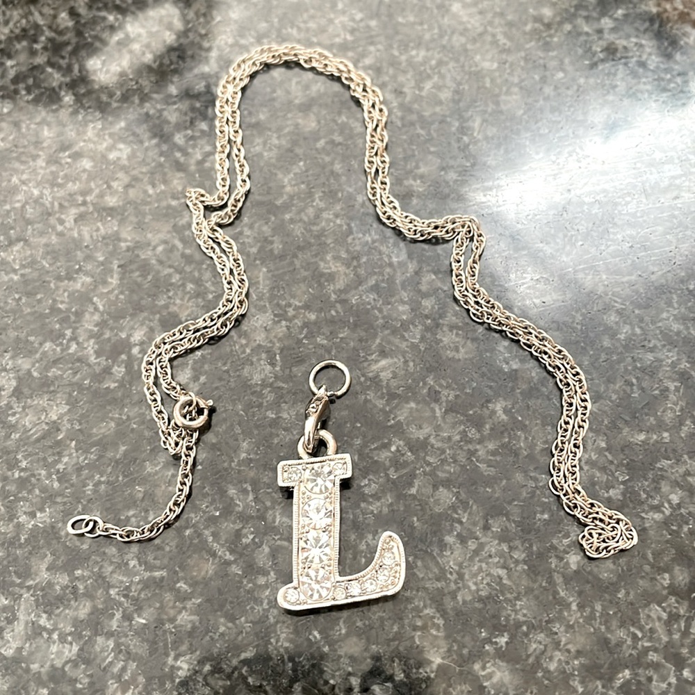 Rhinestone initial L 20”chain a gift. Can use as a necklace or Charm. Great gift